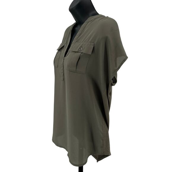INC International Concepts Utility Blouse WMNS XS Olive Green Cap Sleeve Ruched - Picture 5 of 7